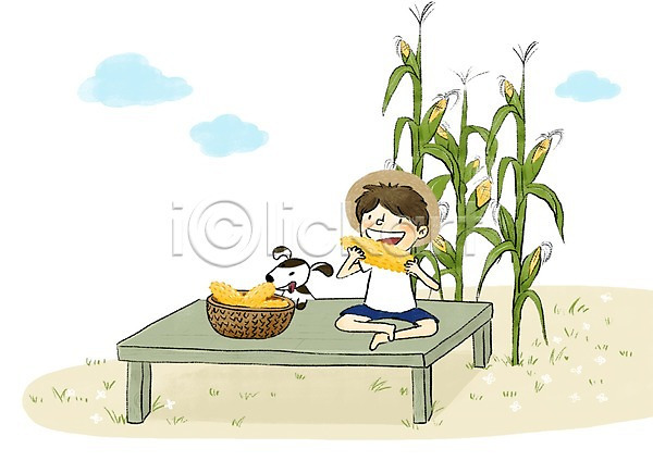 즐거움 남자 어린이 한명 PSD 일러스트 강아지 바구니 여름(계절) 여름음식 옥수수 옥수수밭 제철음식 평상