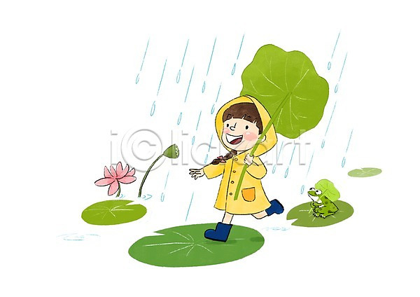 즐거움 어린이 여자 한명 PSD 일러스트 개구리 여름(계절) 연꽃(꽃) 연잎 우비 장화
