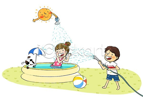 즐거움 남자 두명 어린이 여자 PSD 일러스트 강아지 물놀이 물뿌리기 물호스 비치볼 야외수영장 여름(계절) 태양 파라솔