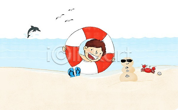 즐거움 남자 어린이 한명 PSD 일러스트 갈매기 게 눈사람 돌고래 모래사장 선글라스 여름(계절) 쪼리 튜브 해변