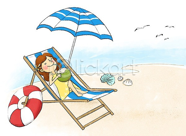 즐거움 어린이 여자 한명 PSD 일러스트 갈매기 선베드 여름(계절) 코코넛 코코넛주스 튜브 파라솔 해변