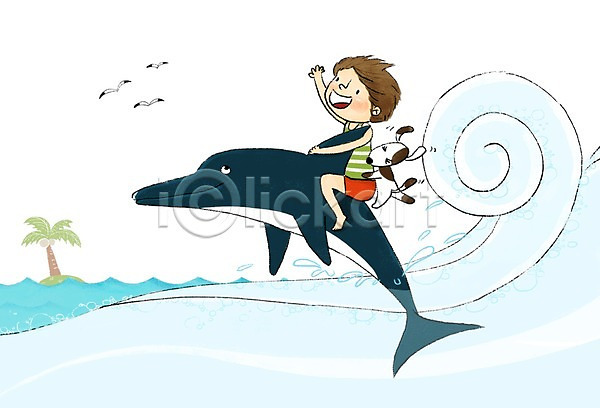 즐거움 남자 어린이 한명 PSD 일러스트 갈매기 강아지 돌고래 바다 섬 야자수 여름(계절) 파도