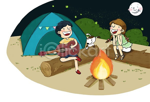 즐거움 남자 두명 어린이 여자 PSD 일러스트 강아지 기타 달 모닥불 야간 여름(계절) 연주 텐트