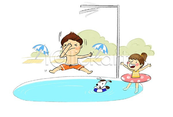 즐거움 남자 두명 어린이 여자 PSD 일러스트 강아지 다이빙대 물놀이 야외수영장 여름(계절) 튜브 파라솔