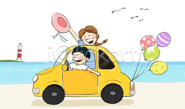 즐거움 남자 두명 어린이 여자 PSD 일러스트 갈매기 등대 모자(잡화) 바다 여름(계절) 여행 자동차 풍선