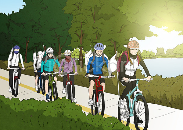 남자 성인 여러명 여자 PSD 일러스트 공원 나무 동호회 야외 야외활동 자전거 자전거여행 주간 취미 헬멧