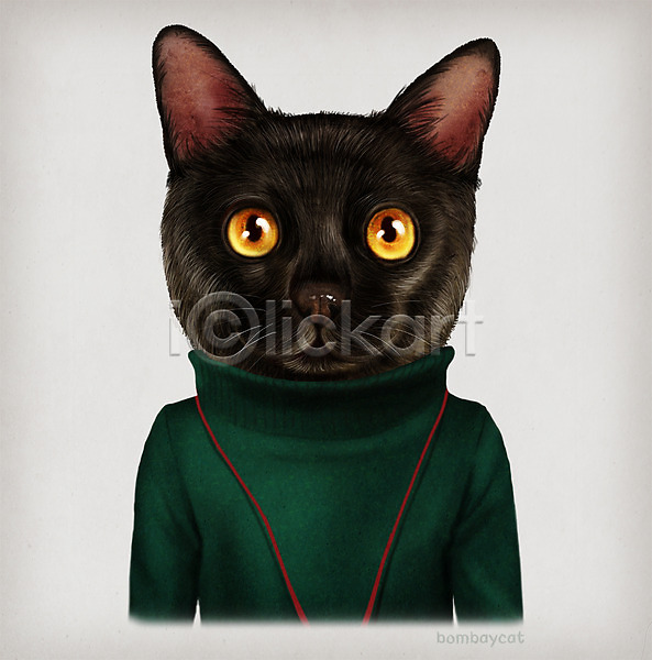 사람없음 PSD 일러스트 고양이 동물 봄베이고양이 옷 의인화 초상화 터틀넥 패션