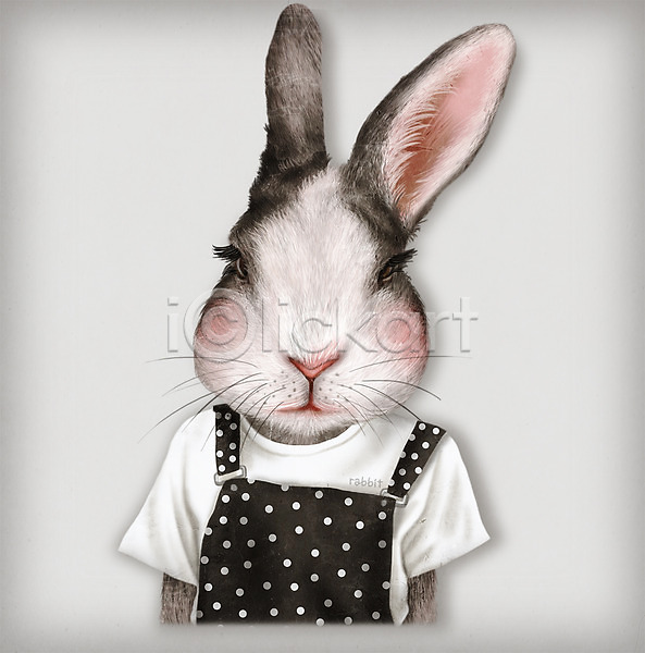 사람없음 PSD 일러스트 동물 멜빵치마 반팔티셔츠 옷 의인화 초상화 토끼 패션