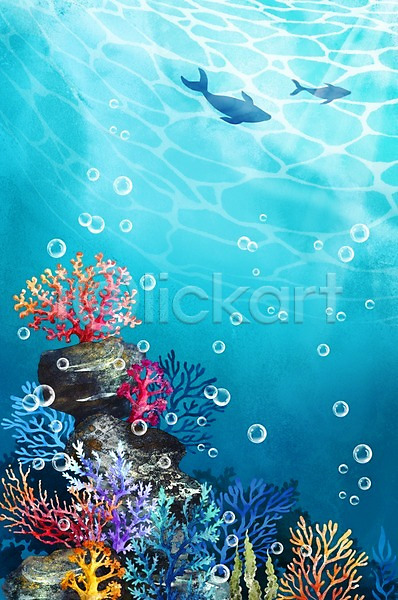사람없음 PSD 일러스트 돌고래 물방울 바다 바닷속 바위 백그라운드 산호초 수채화(물감) 어류 여름(계절) 풍경(경치)