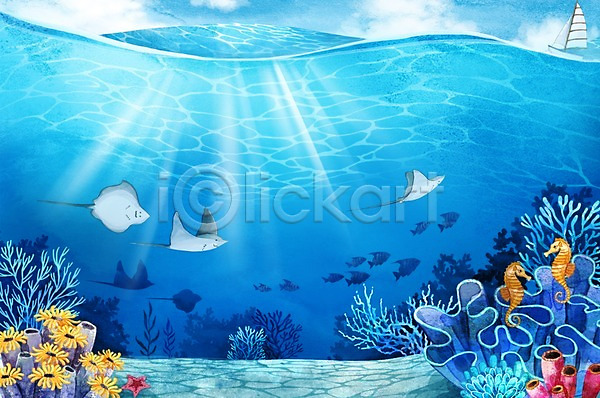 사람없음 PSD 일러스트 가오리 바다 바닷속 배 백그라운드 산호초 수채화(물감) 어류 여름(계절) 풍경(경치) 해마