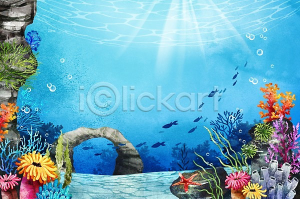 사람없음 PSD 일러스트 바다 바닷속 바위 백그라운드 산호초 수채화(물감) 어류 여름(계절) 풍경(경치)