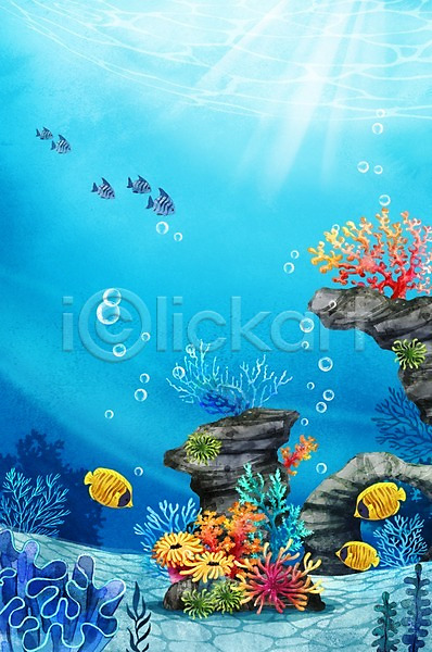 사람없음 PSD 일러스트 물방울 바다 바닷속 바위 백그라운드 산호초 수채화(물감) 어류 여름(계절) 열대어 풍경(경치)
