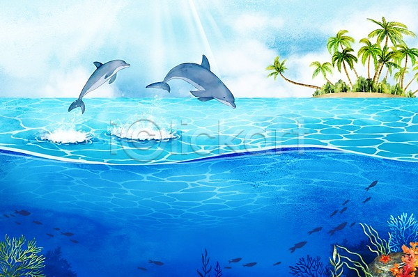 사람없음 PSD 일러스트 돌고래 바다 백그라운드 섬 수채화(물감) 야자수 여름(계절) 트로피컬아트 풍경(경치)
