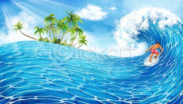 남자 성인 한명 PSD 일러스트 구름(자연) 바다 백그라운드 서핑 서핑보드 섬 수채화(물감) 야자수 여름(계절) 트로피컬아트 파도 풍경(경치)