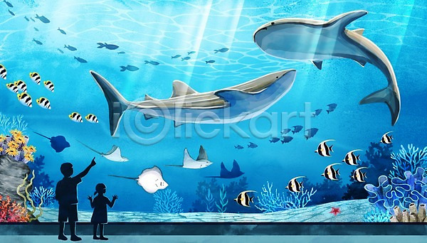 남자 두명 어린이 여자 PSD 일러스트 가오리 고래 바다 백그라운드 수족관 수채화(물감) 여름(계절) 열대어 트로피컬아트 풍경(경치)