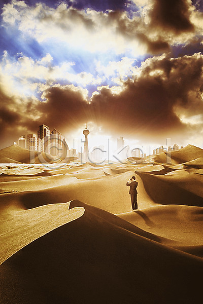 남자 성인 한명 JPG 디지털합성 편집이미지 구름(자연) 도시 디지털아트 비즈니스 비즈니스맨 빌딩 사막 하늘