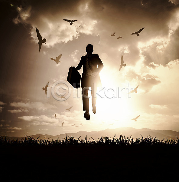 남자 성인 한명 JPG 디지털합성 실루엣 편집이미지 구름(자연) 그림자 디지털아트 비둘기 비즈니스 비즈니스맨 빛 산 잔디 점프 하늘