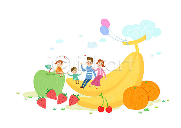 남자 성인 어린이 여러명 여자 AI(파일형식) 일러스트 가정 가족 과일 귤 딸기 바나나 사과 소인국 체리 풍선