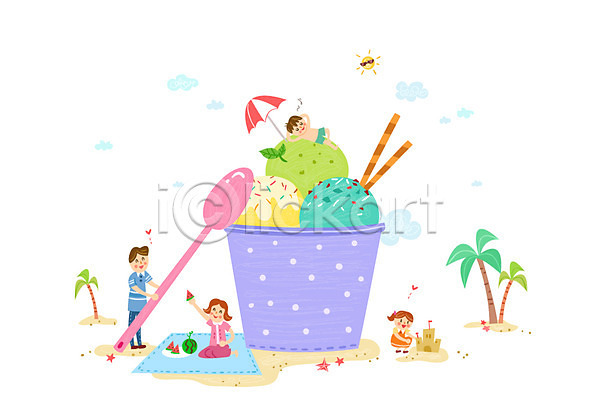 남자 성인 어린이 여러명 여자 AI(파일형식) 일러스트 가정 가족 모래성 소인국 수박 숟가락 아이스크림 야자수 여름(계절) 여름음식 제철과일 제철음식 태양 파라솔