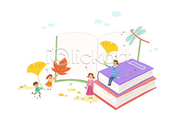 남자 성인 어린이 여러명 여자 AI(파일형식) 일러스트 가을(계절) 가정 가족 낙엽 소인국 은행잎 잠자리 책