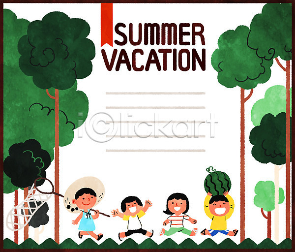 남자 어린이 여러명 여자 PSD 일러스트 나무 수박 숲 여름(계절) 여름방학 여름음식 제철과일 제철음식 채집망
