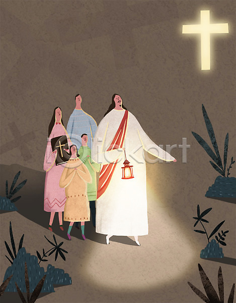 남자 성인 어린이 여러명 여자 PSD 일러스트 가족 기독교 랜턴 빛 성경 십자가 예수 풀잎