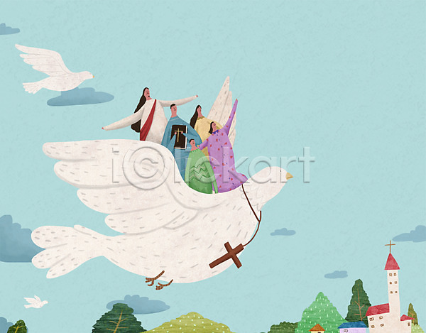 남자 성인 어린이 여러명 여자 PSD 일러스트 가족 교회 기독교 비둘기 비행 성경 십자가 예수
