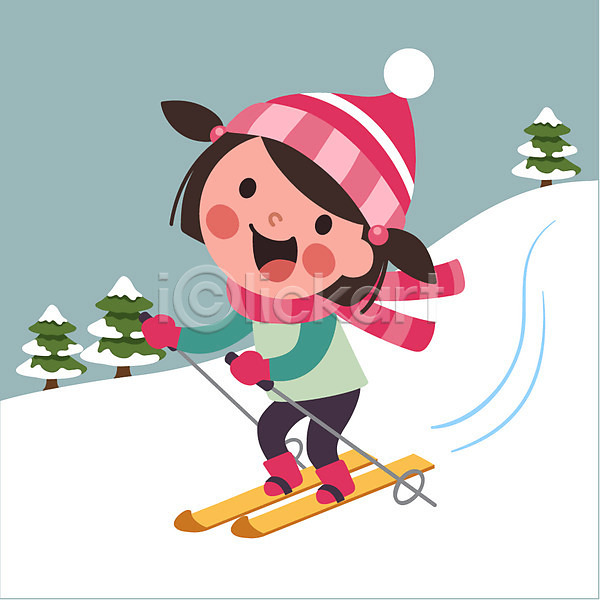 체험학습 어린이 여자 한명 AI(파일형식) 일러스트 겨울 나무 스키 스키장 스키장비 클립아트 털모자
