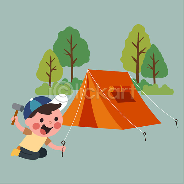 체험학습 남자 어린이 한명 AI(파일형식) 일러스트 나무 망치 캠핑 클립아트 텐트