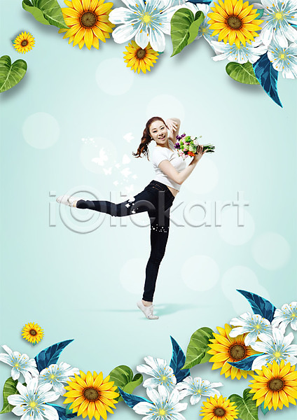20대 성인 여자 한국인 한명 PSD 편집이미지 꽃 꽃다발 들기 뷰티 서기 우먼라이프 웃음 전신 춤 편집