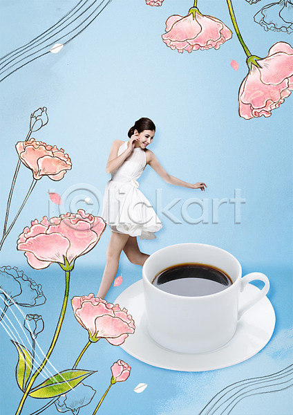 20대 서양인 성인 여자 한명 PSD 편집이미지 꽃 서기 웃음 원피스 음식 커피 커피잔 컵받침 편집