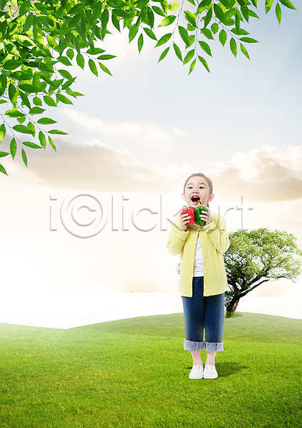 소녀(어린이) 한국인 한명 PSD 편집이미지 구름(자연) 나무 나뭇잎 들기 서기 웃음 유기농 음식 잔디 전신 편집 하늘