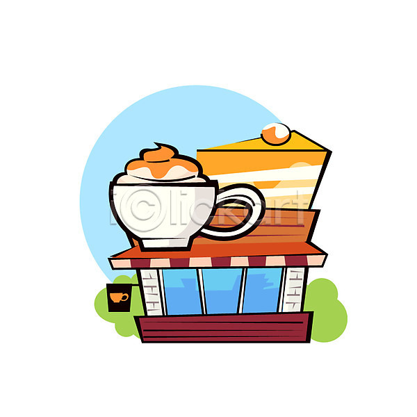 사람없음 AI(파일형식) 아이콘 건물 상점 서비스업 조각케이크 카페 커피잔 클립아트 풀잎