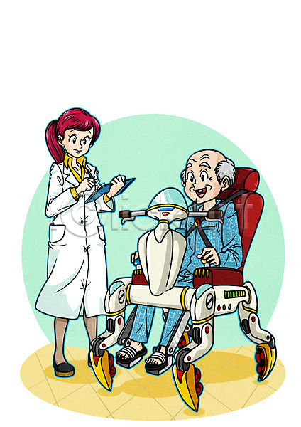 미래 남자 노인만 두명 성인 여자 PSD 일러스트 4차산업 AI(인공지능) 기계 로봇 만화 미래산업 의사 환자 휠체어