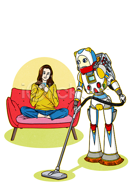 미래 성인 여자 한명 PSD 일러스트 4차산업 AI(인공지능) 기계 로봇 만화 미래산업 의자 청소기 청소로봇