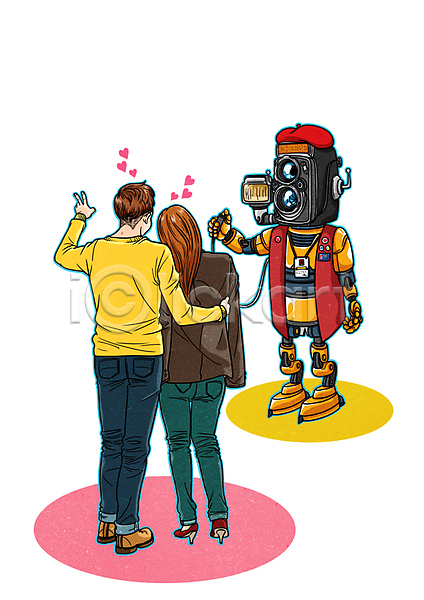 미래 남자 두명 성인 여자 PSD 일러스트 4차산업 AI(인공지능) 기계 로봇 만화 미래산업 사진촬영 카메라 커플