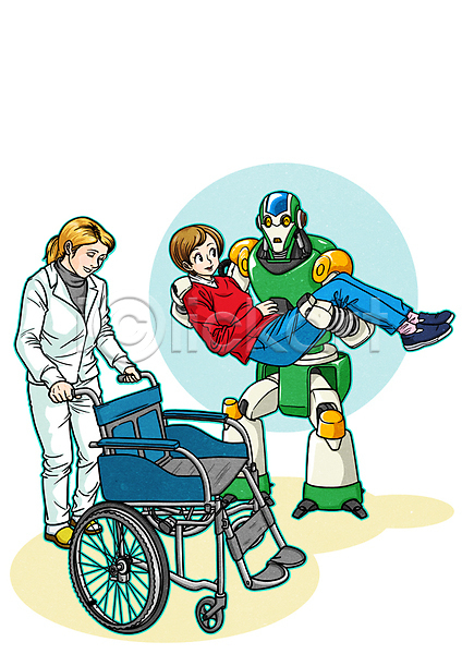 도움 미래 두명 성인 여자 PSD 일러스트 4차산업 AI(인공지능) 간호사 기계 로봇 만화 미래산업 휠체어