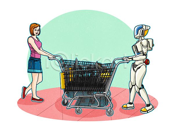 미래 성인 여자 한명 PSD 일러스트 4차산업 AI(인공지능) 기계 로봇 만화 미래산업 쇼핑카 장보기
