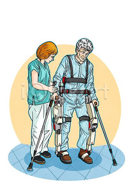 도움 미래 남자 두명 성인 여자 PSD 일러스트 4차산업 AI(인공지능) 간호사 기계 로봇 만화 목발 미래산업 재활 재활운동