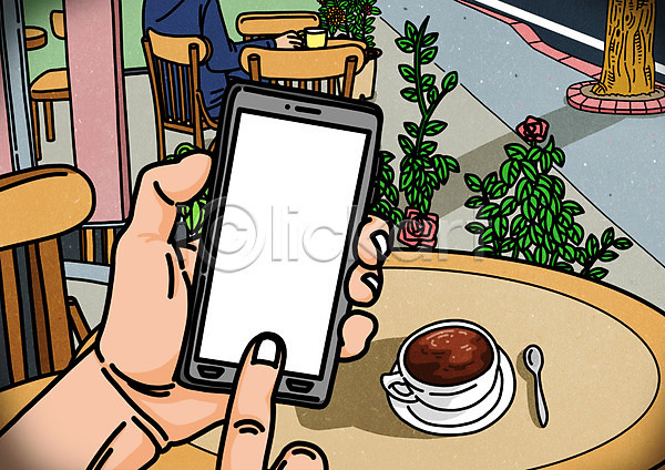 남자 두명 성인 PSD 일러스트 1인칭시점 거리 공백 배경삽화 숟가락 스마트폰 의자 카페테라스 커피잔 탁자
