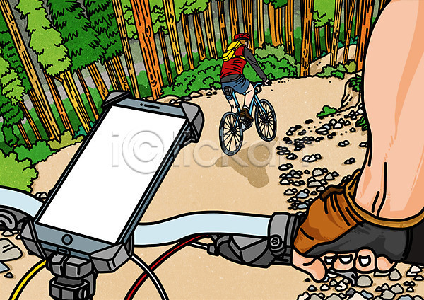 남자 두명 성인 PSD 일러스트 1인칭시점 공백 나무 배경삽화 산악자전거 숲속 스마트폰 자전거