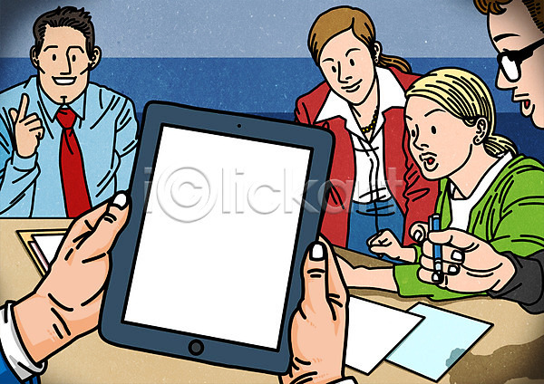 남자 성인 여러명 여자 PSD 일러스트 1인칭시점 공백 배경삽화 종이 태블릿 회의 회의실