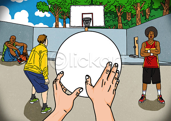 남자 성인 여러명 PSD 일러스트 1인칭시점 공백 나무 농구공 농구대 농구장 배경삽화