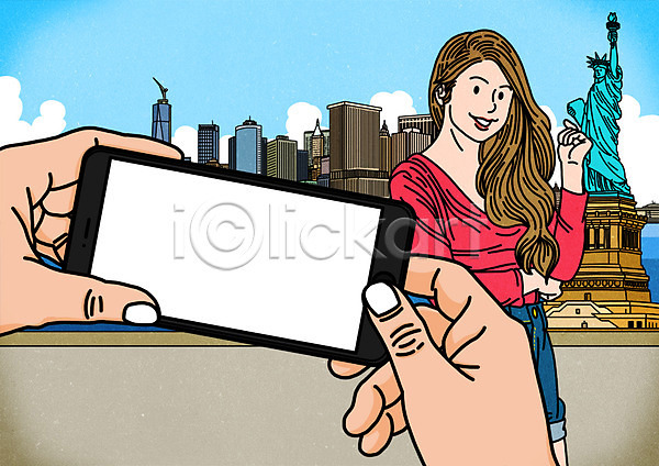 성인 여자 한명 PSD 일러스트 1인칭시점 공백 뉴욕 배경삽화 빌딩 사진촬영 스마트폰 자유의여신상