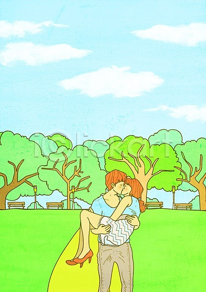 사랑 남자 두명 여자 PSD 일러스트 공원 나무 데이트 벤치 안기 야외 주간 커플 키스