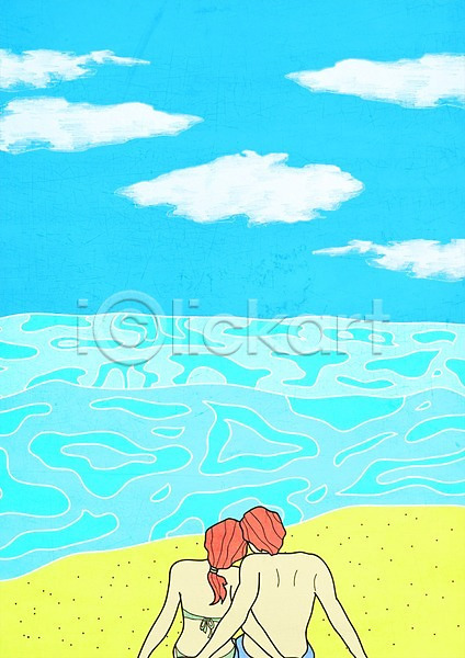 사랑 남자 두명 여자 PSD 뒷모습 일러스트 구름(자연) 데이트 바다 야외 주간 커플 해변