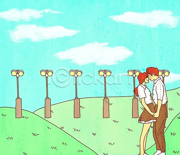 사랑 남자 두명 여자 PSD 일러스트 가로등 공원 구름(자연) 데이트 손잡기 야외 주간 커플 키스