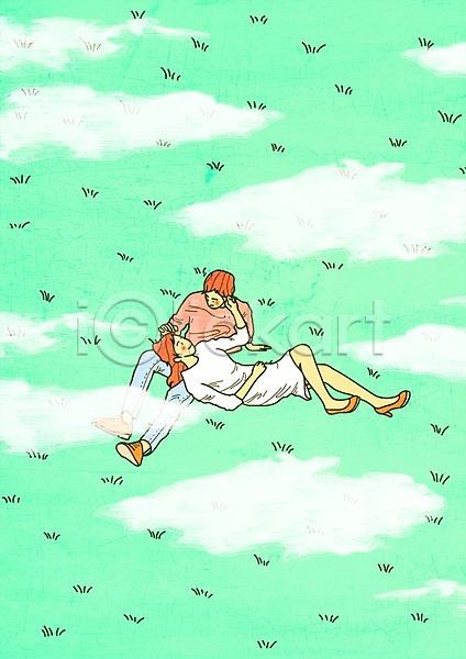 사랑 남자 두명 여자 PSD 일러스트 구름(자연) 눕기 데이트 야외 잔디 주간 커플