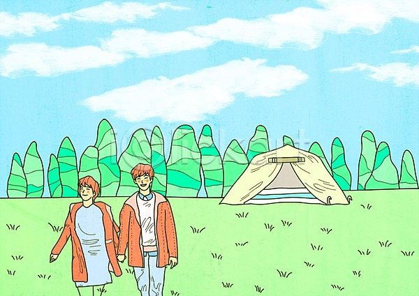 사랑 남자 두명 여자 PSD 일러스트 구름(자연) 나무 데이트 손잡기 야외 주간 캠핑 커플 텐트