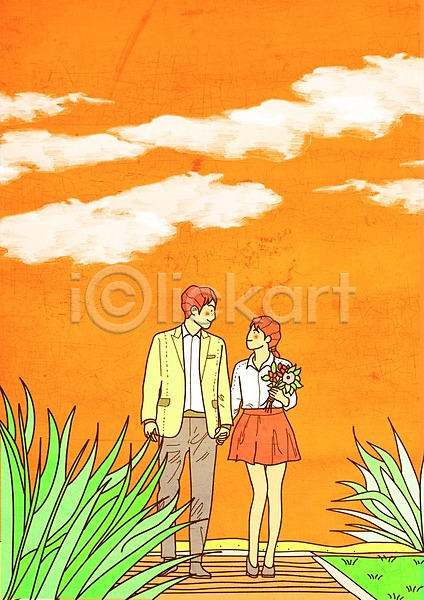 사랑 남자 두명 여자 PSD 일러스트 구름(자연) 꽃다발 데이트 손잡기 야외 주간 커플 풀잎